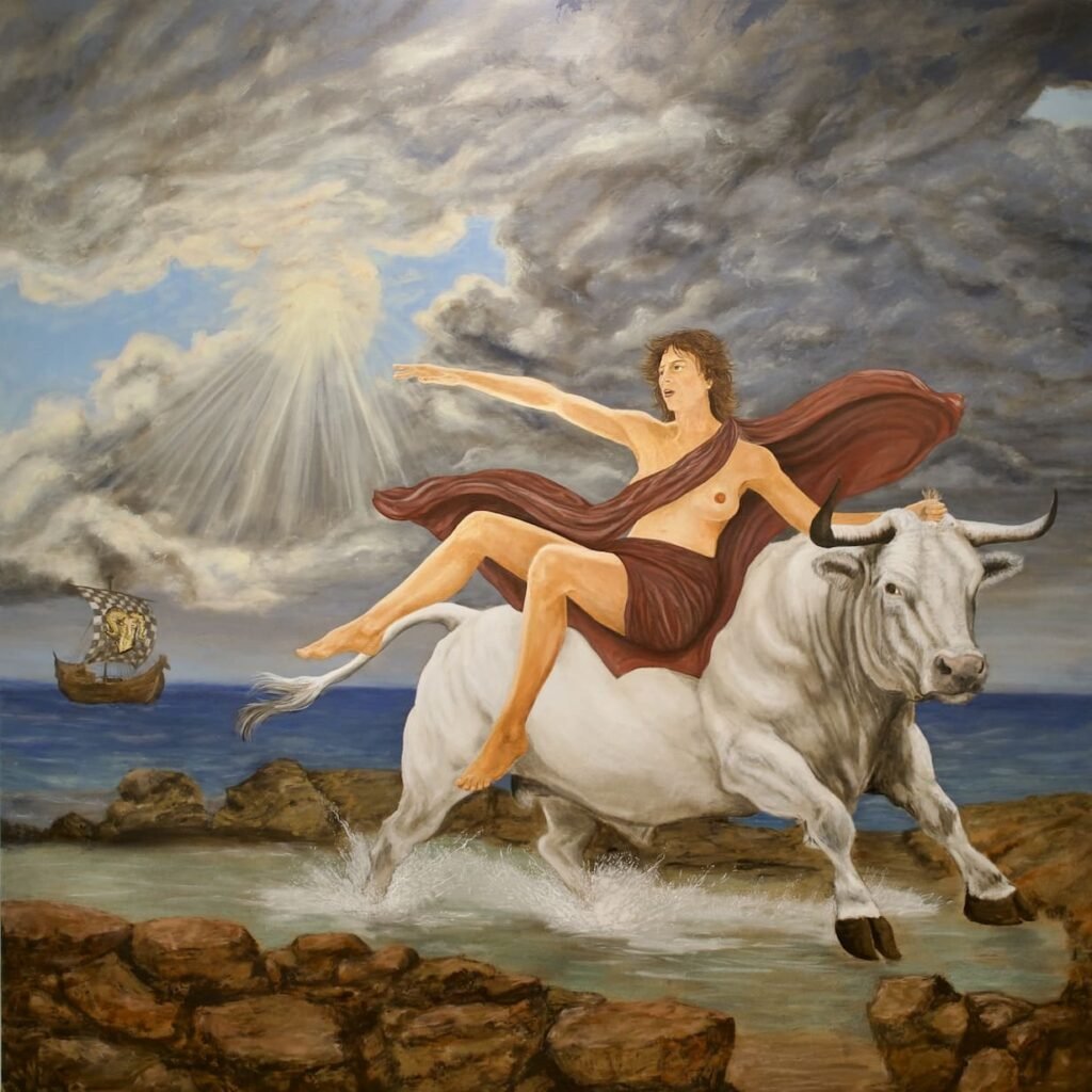 Europa | Earth & stone pigments, gold leaf on Florentine linen canvas, 180 × 180 cm by artist Henrik Peter Hofsaess