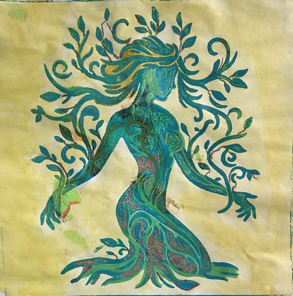 "Tree Goddess" 12" x 12" Acrylic paints on paper by artist Alice Chambers